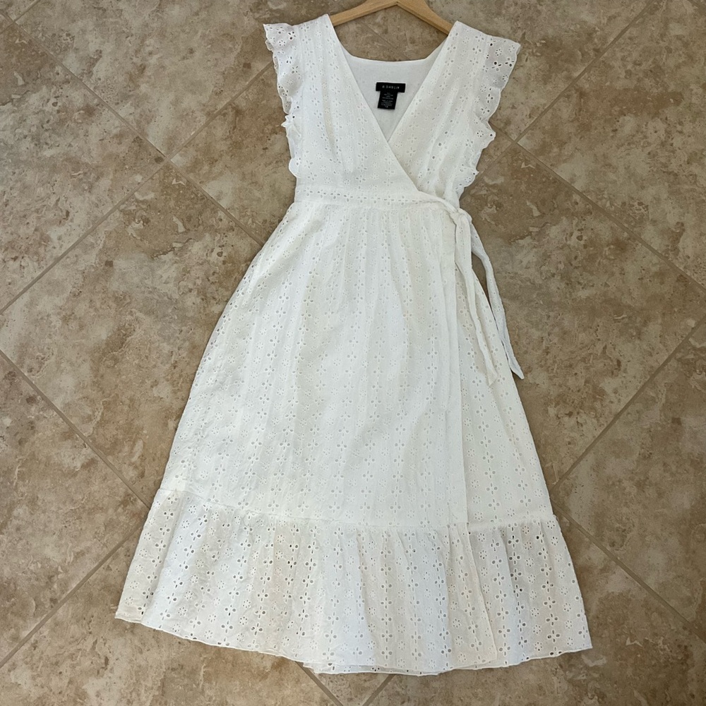 Elegant White Eyelet Dress, B. Darlin brand, ruffle shoulder wrap dress with tie